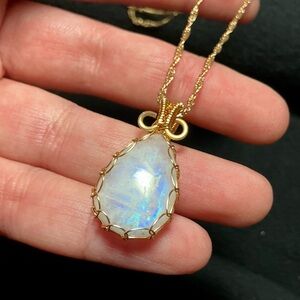 Moonstone Necklace Natural Blue Moonstone 925 Gold Wrapped Pendant Necklace